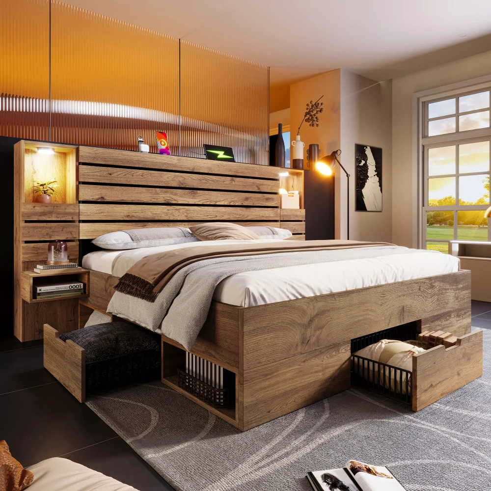 Lit en bois avec éclairage LED et ports USB type-C, niche éclairée, tables de chevet flottantes, rangement sous le lit avec tiroirs (sans matelas)