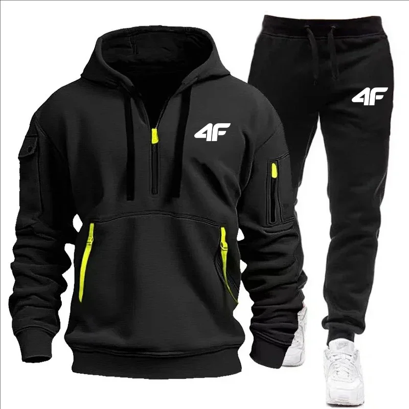 New autumn and winter men's hooded sweatshirt sportswear set, outdoor zippered men's hooded shirt + jogging pants 2-piece set