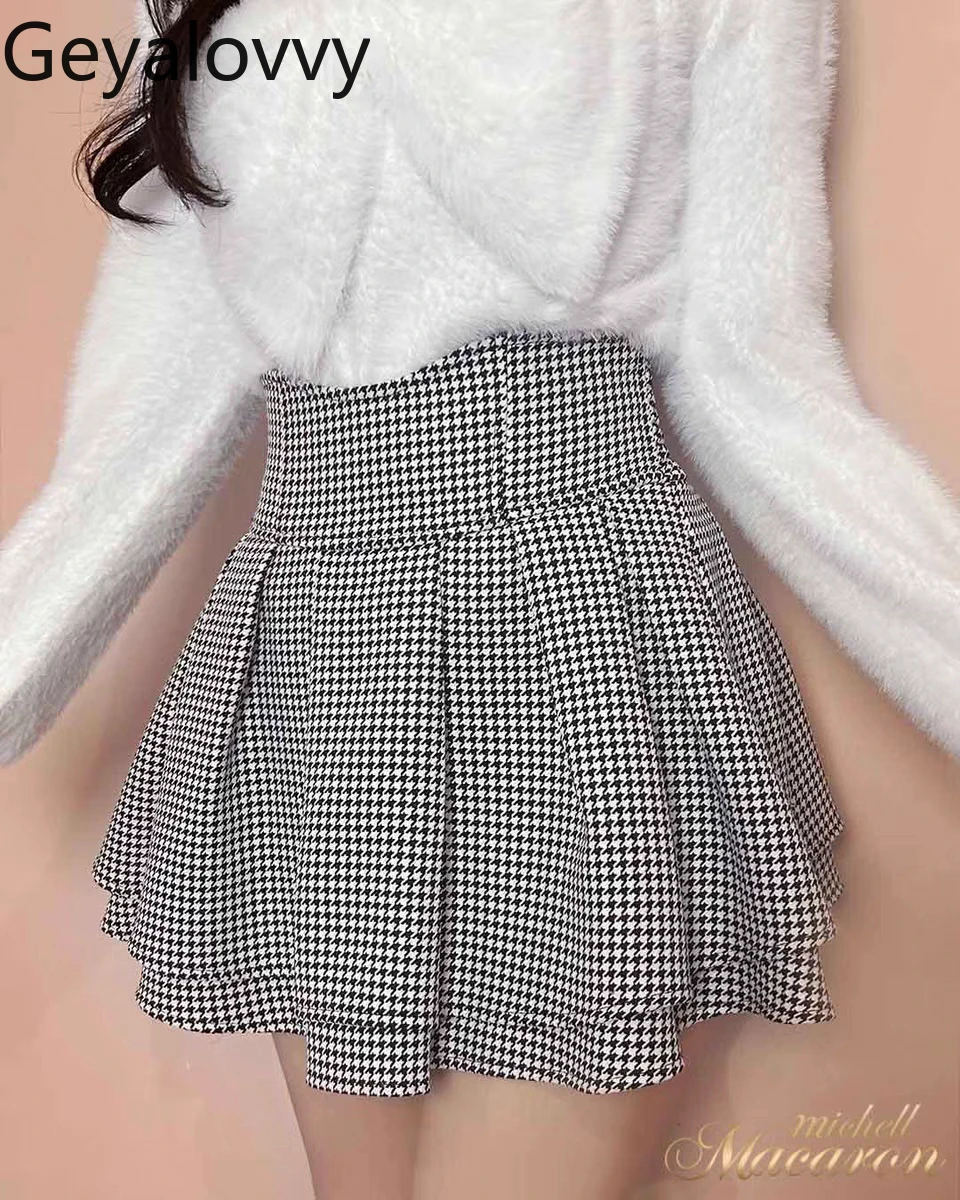 

Japanese Style Houndstooth Mini Skirt Pants Sweet Girls Slimming High Waist Autumn Winter College Style Versatile Short Skirts