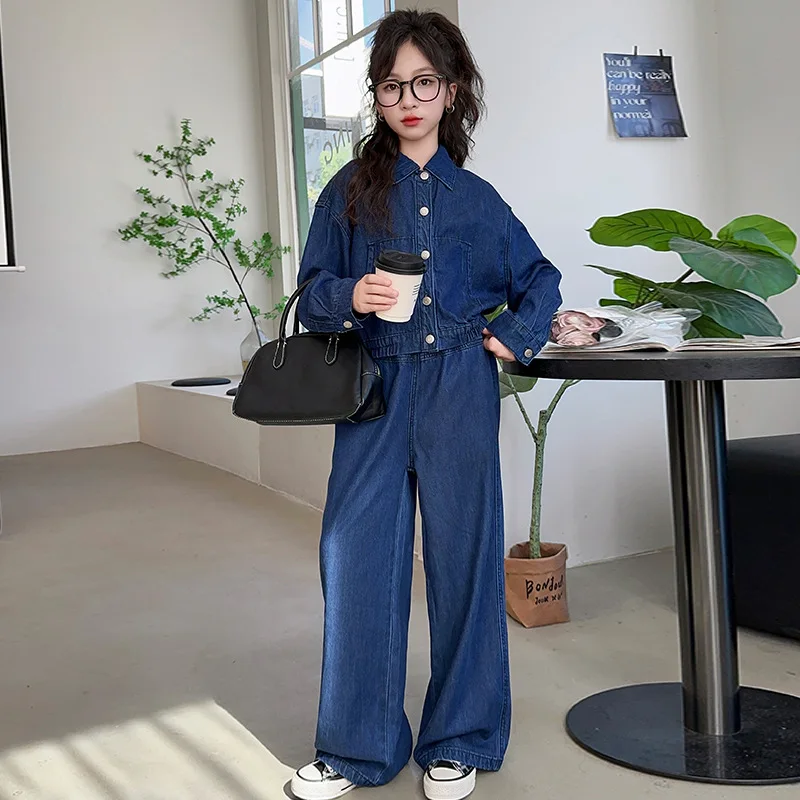 

Autumn Children Girl Denim Sets School Girl Lapel Single-breasted Jacket+Denim Straight Pants Sets Long Sleeves 4-14Y Girl Set