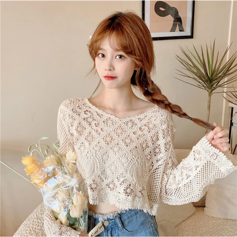 Summer Sweet Cutout Thin Knitted Sun Protection Loose Short Blouse Lace Shirt for Women Wholesale