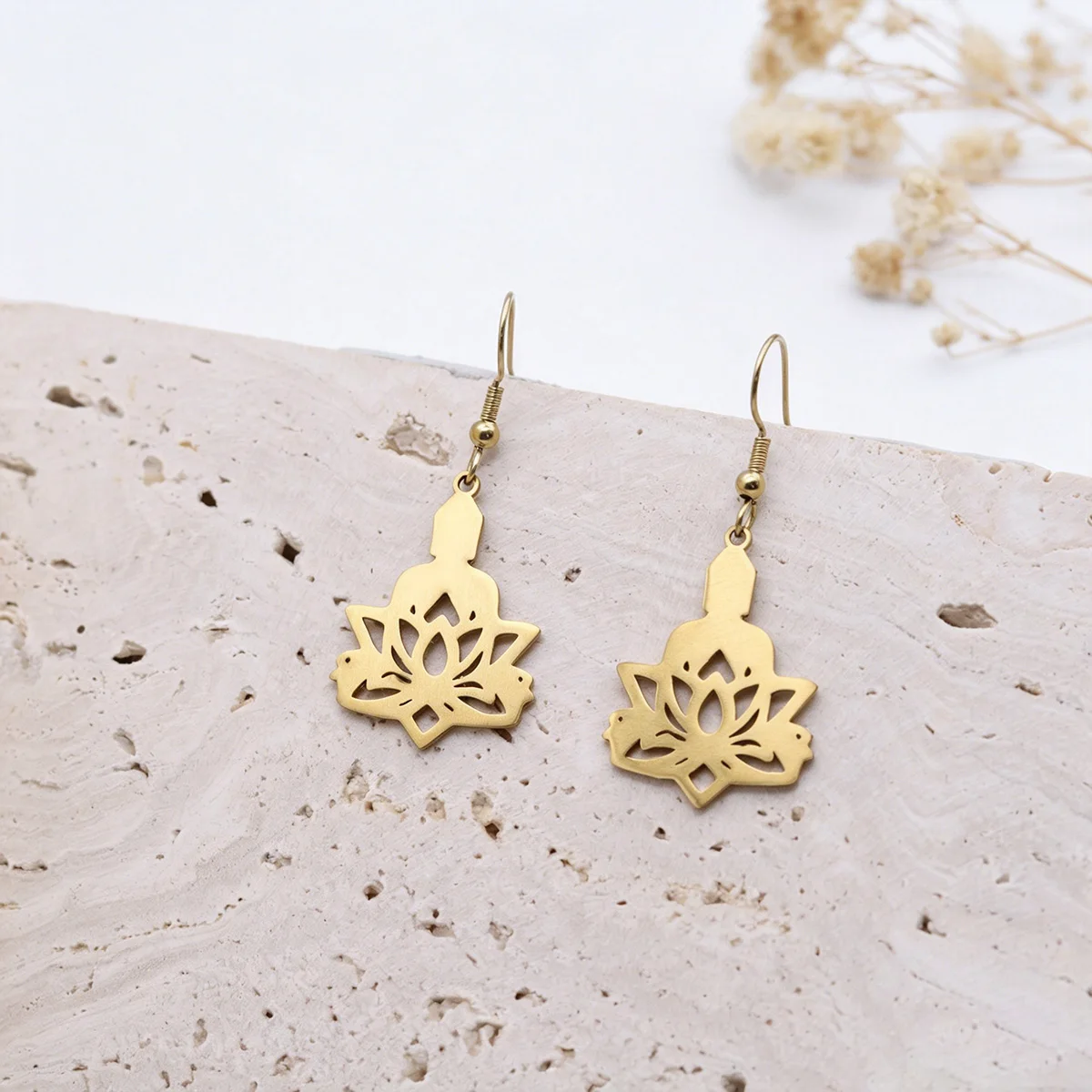 QIAMNI Buddha Lotus Flower Dangle Earrings for Women Men Stainless Steel Yoga Reiki Healing Spiritual Drop Earring Gifts Jewelry