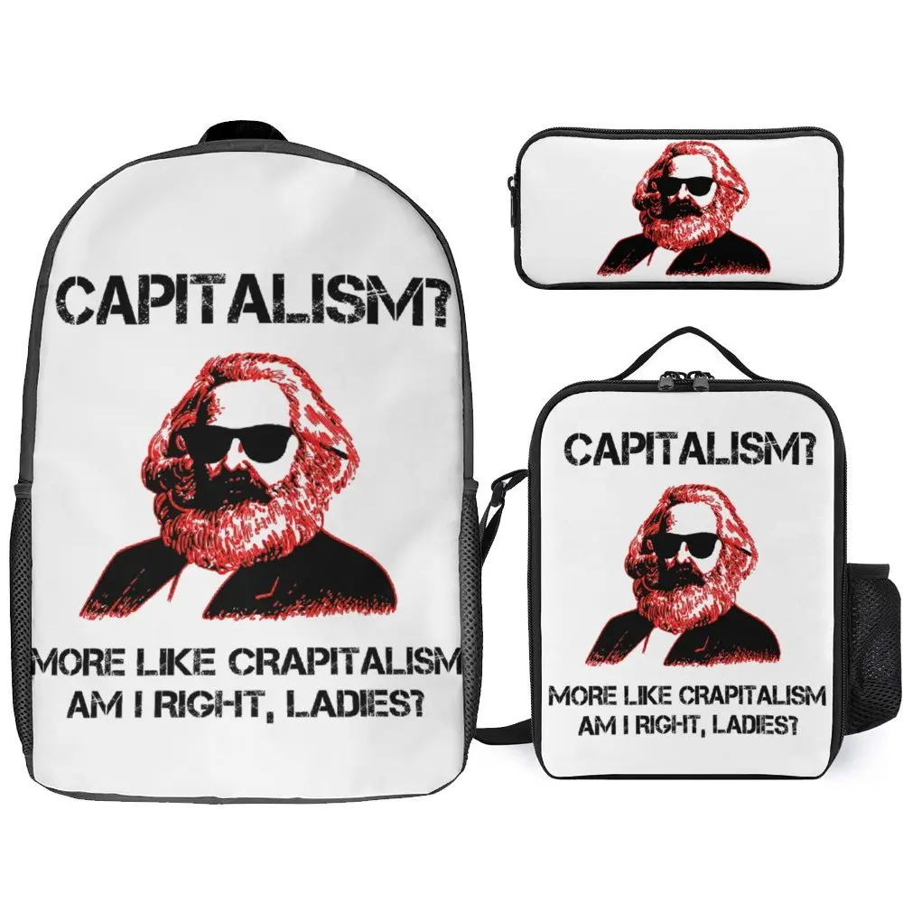 

Funny Capitalism Communist Karl Marx Crapitalism 3 in 1 Set 17 Inch Backpack Lunch Bag Pen Bag Travel Novelty Durable Infantry P