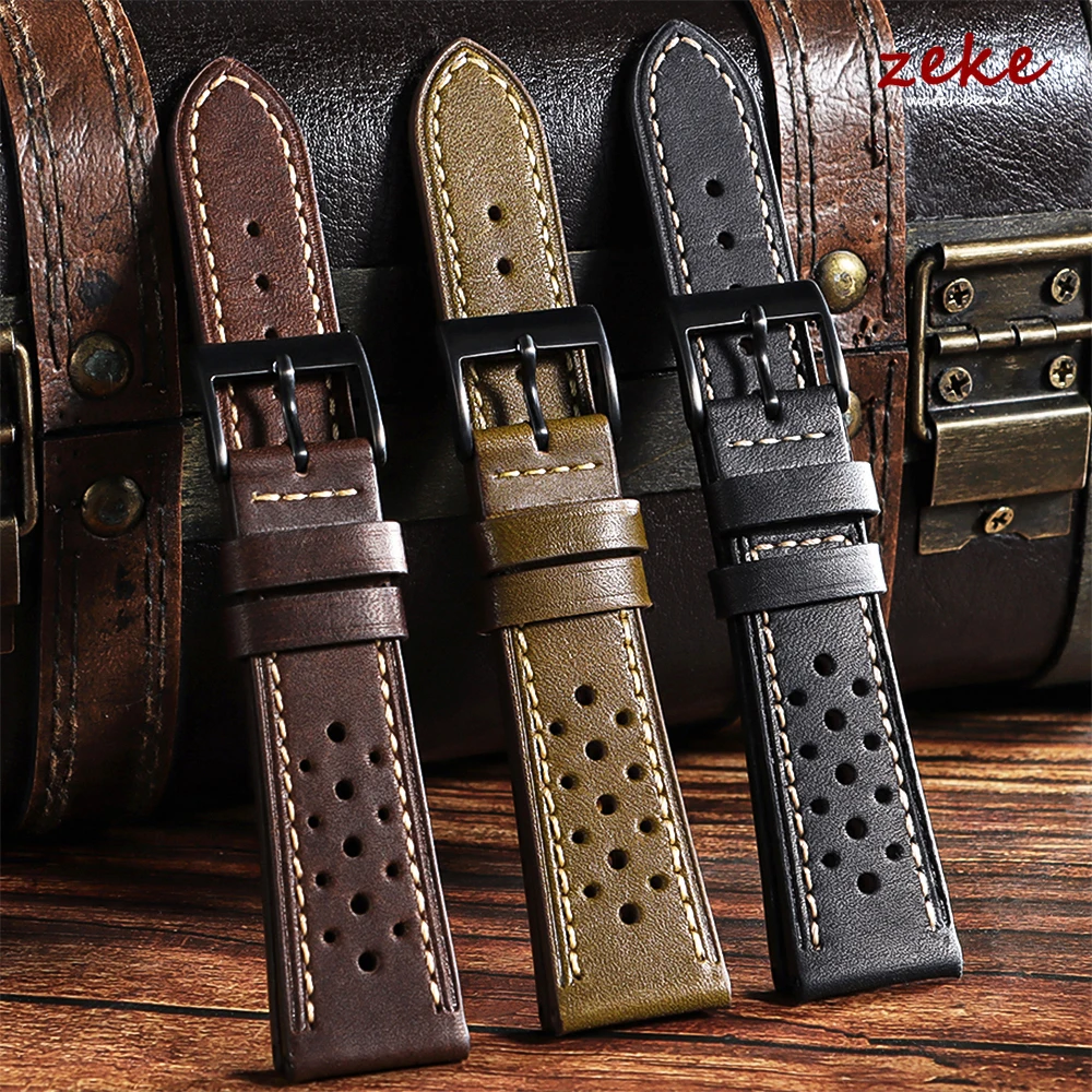Vintage Oil Wax Calfskin Leather Watch Band 20mm 22mm 24mm Universal Black Buckle Smartwatch Straps Porous Breathable Bracelet