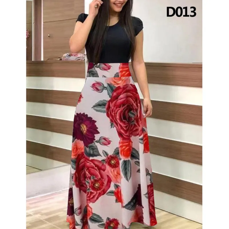 Women Floral Dot Print Patchwork Long Dress Summer Casual Short Sleeve O-Neck High Waist Robe Boho Beach Maxi Sundress Vintage