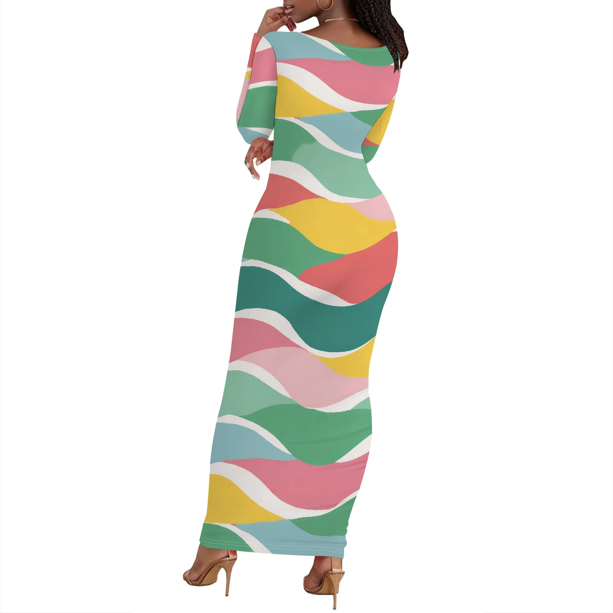 2025 Autunno e inverno da donna sexy multicolore con stampa puzzle moda abito attillato casual girocollo abiti a maniche lunghe