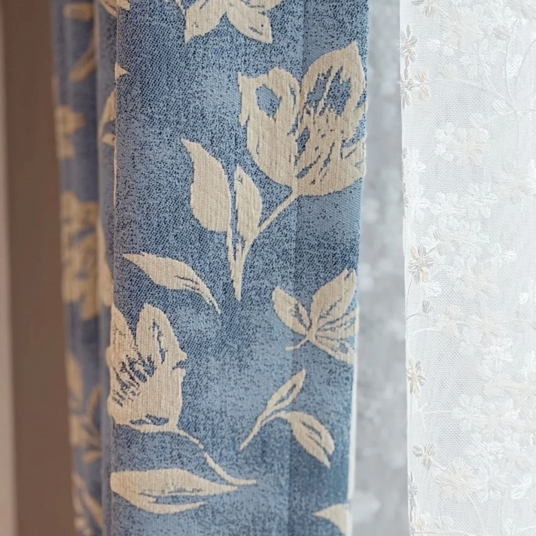 Retro Muted Blue Botanical Pattern Room Darkening Curtain Noise Reducing Single Panel Drape For Apartment Bay Window Decor