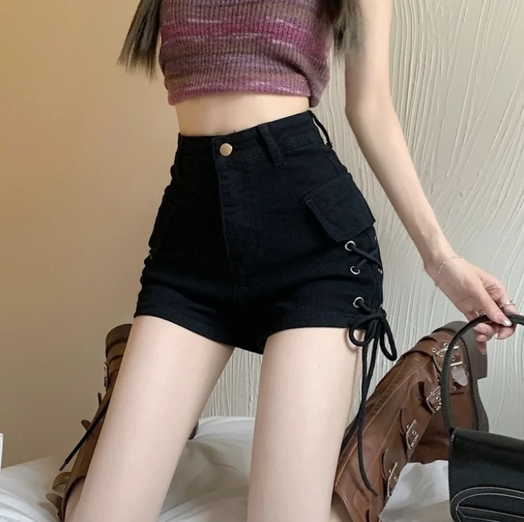 

Hottie Design Sense Drawstring Hot Pants Super Shorts Trendy Retro High-Waisted Slim Black Cargo Jeans for Women's Summer