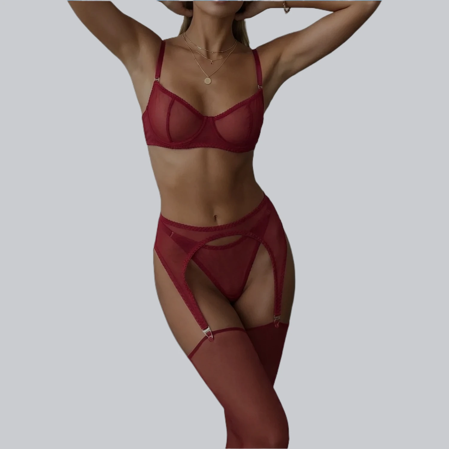 Sexy hot Lingеrie Women's 4-Piece Solid Mesh Lingerie Set with Stockings Sheer…
