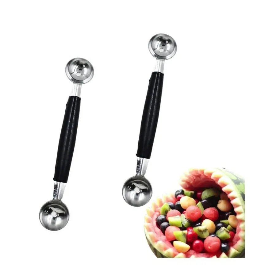 2 piezas de cuchara para hacer bolas de melón, cuchara de acero inoxidable de doble punta para hacer bolas de fruta y helado, herramienta para hacer bolas de fruta para platos DIY.
