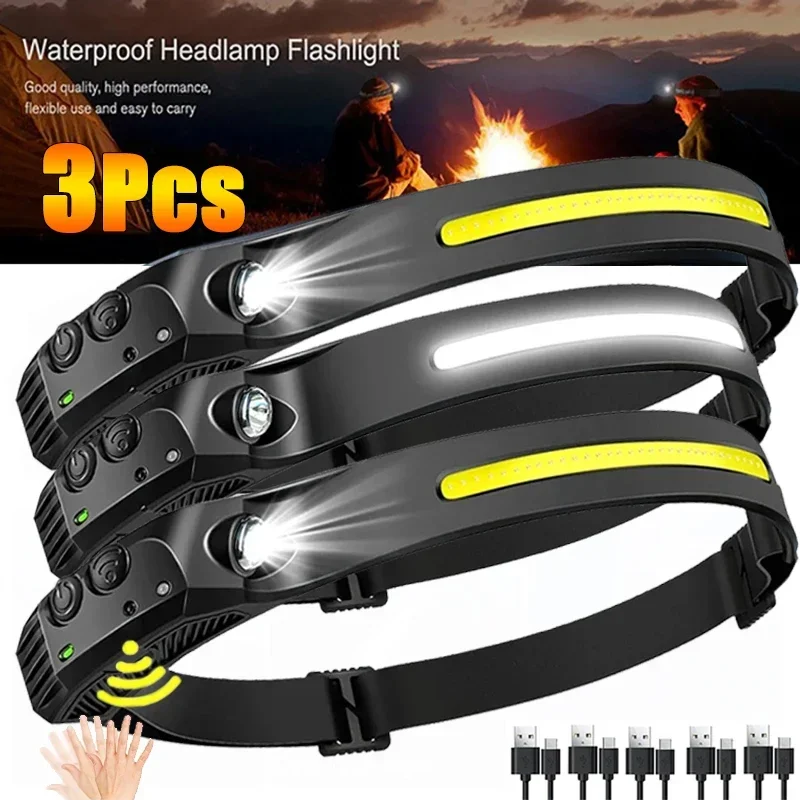 

1/2/3Pack Headlamp USB Rechargeable LED Sensor Headlight XPE+COB Torch Camping Waterproof Flashlight for Fishing Lantern