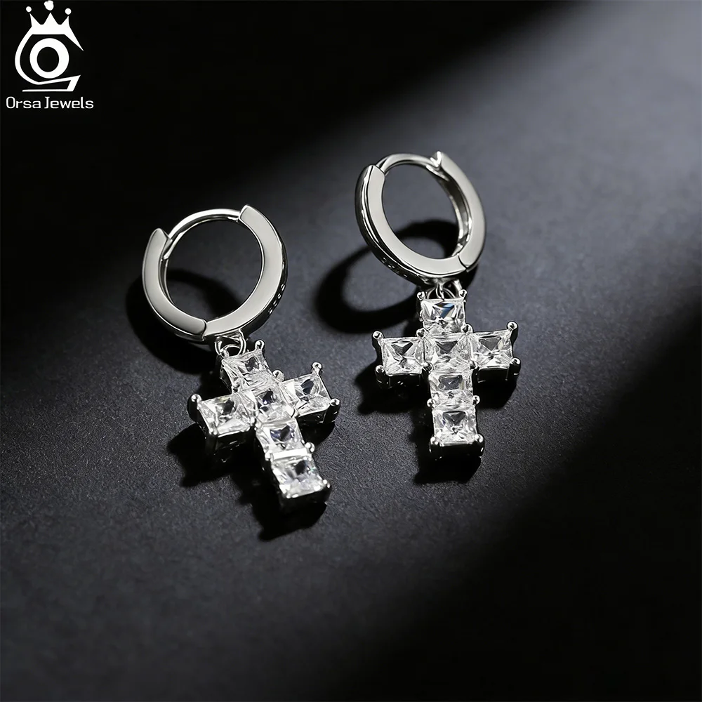 

ORSA JEWELS Elegant 925 Sterling Silver Cross Earrings for Women 8A Premium Zircon Drop Earrings Anniversary Jewelry Gifts LZE13