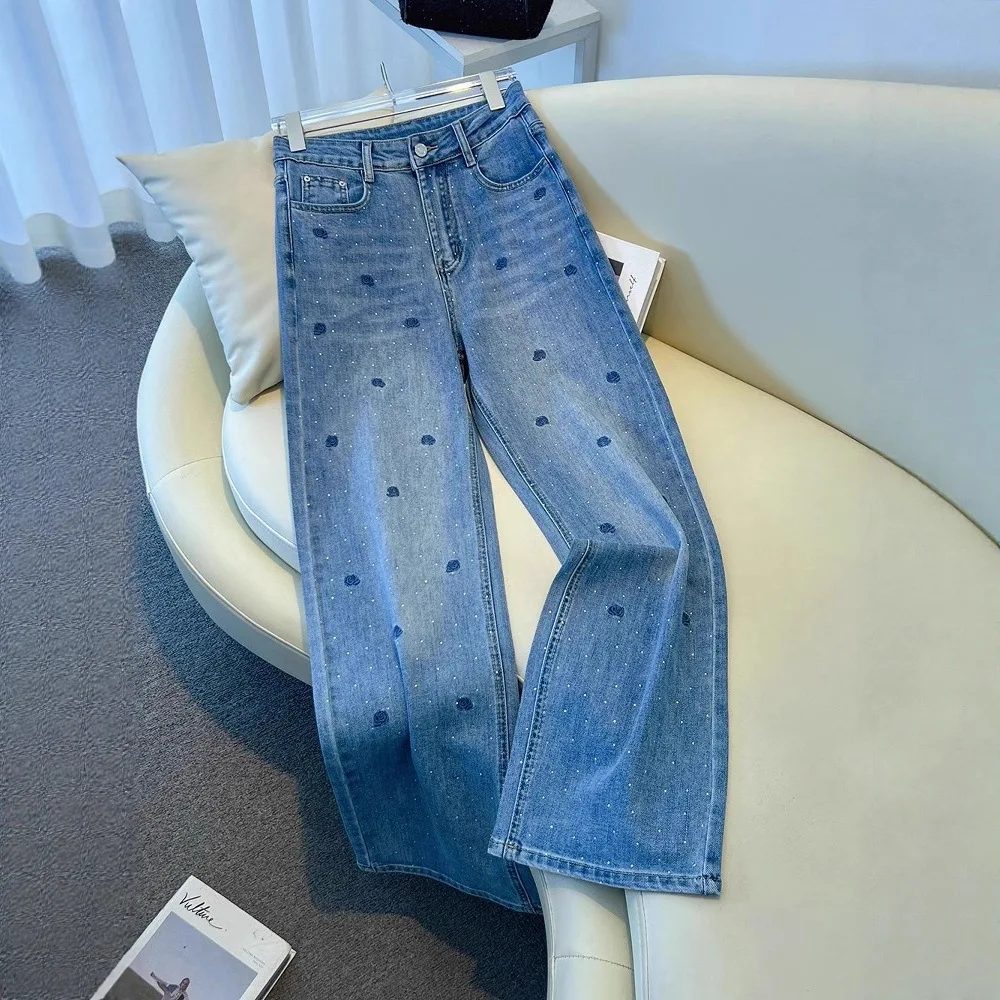 

2026 Spring Casual Jeans For Woman Straight Pant Women's Clothe Simple Style Flower Hot Diamonds Fashionable All-match Commuting