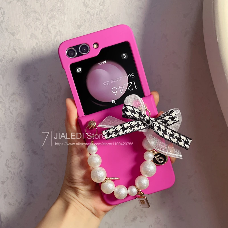 Fashion Beads Bow Bracelet Hinger Phone case For Samsung Galaxy Z Flip 3 4 5 6 flip6 zflip5 Cover