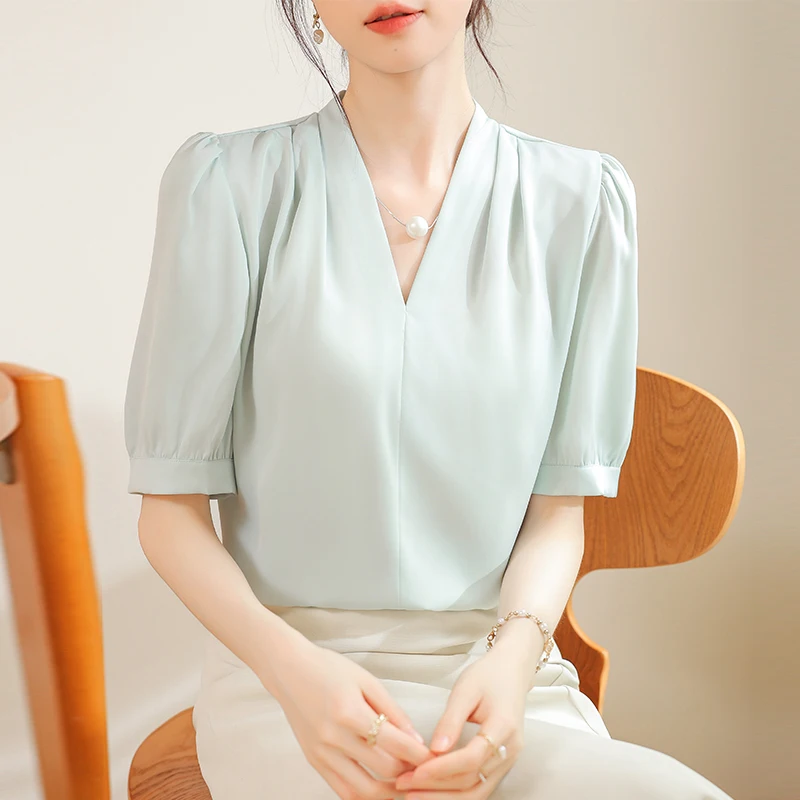 Summer Women\'s V-neck Shirts, Elegant Fashion Loose Short Sleeve Pullover Top, Office Lady Commute Chiffon High Quality Blouses