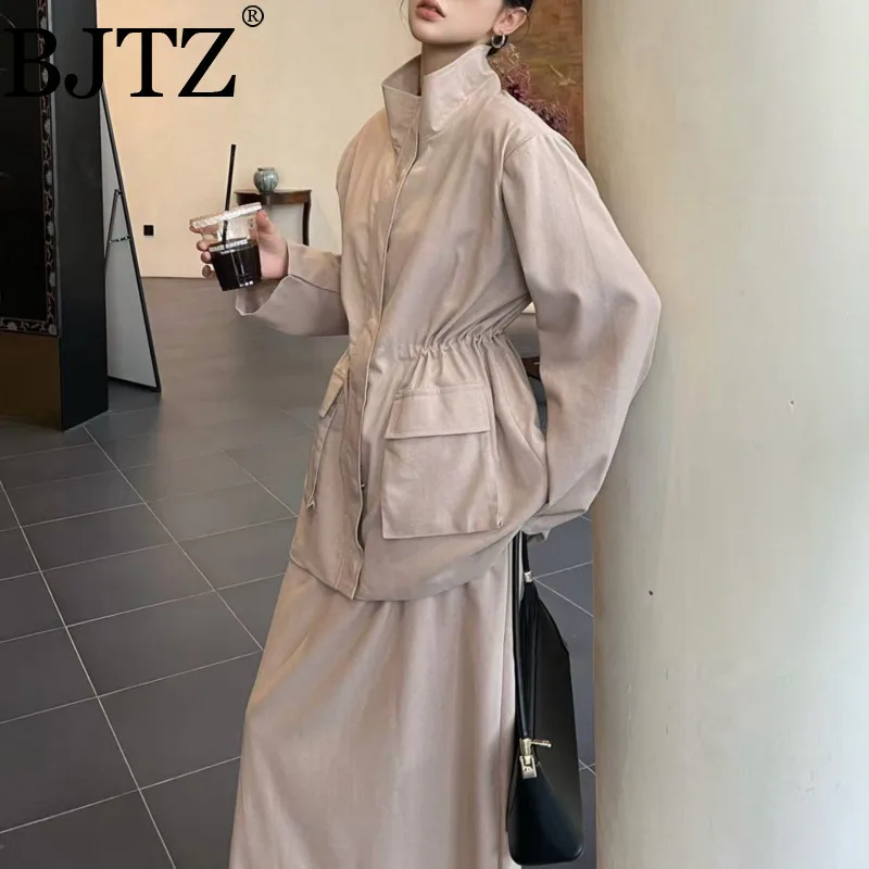 

BJTZ Temperament Vintage Two Piece Set For Women 2025 Spring Autumn New Designer Lace-up Elasticity Top Jacket+Skirt Sets