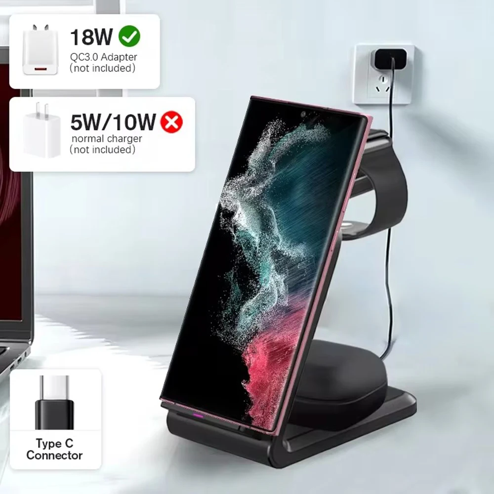 3 In 1 Wireless Charger Stand 30W Fast Charging Station For Samsung Galaxy S23 S22 Watch 6 Pro/5/4/3 Active 1 2 Buds 2 Pro Plus