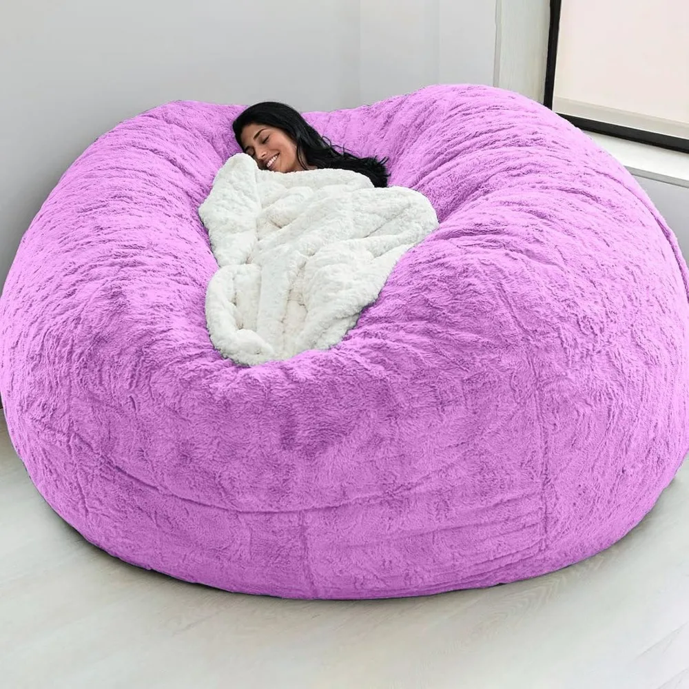 (Cover only, No Filler) Giant Fur Bean Bag Chair Cover for Kids Adults, Living Room Furniture Big Round Soft Fluffy Faux Fur Bea