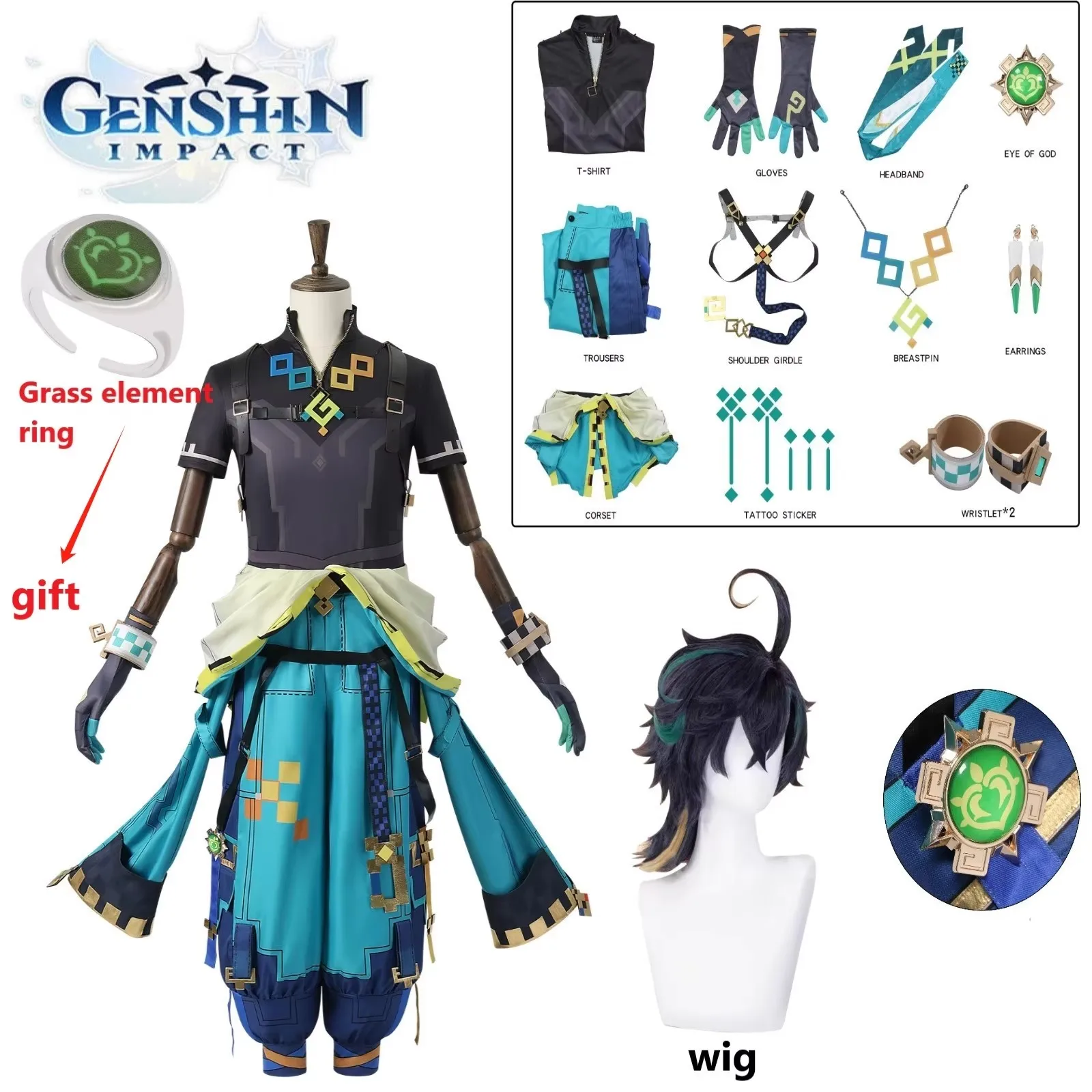 

Game Genshin Impact Kinich Cosplay Costume wig ring Kinich Anime Role Play Halloween Activity Party Comic Con Suits clothing