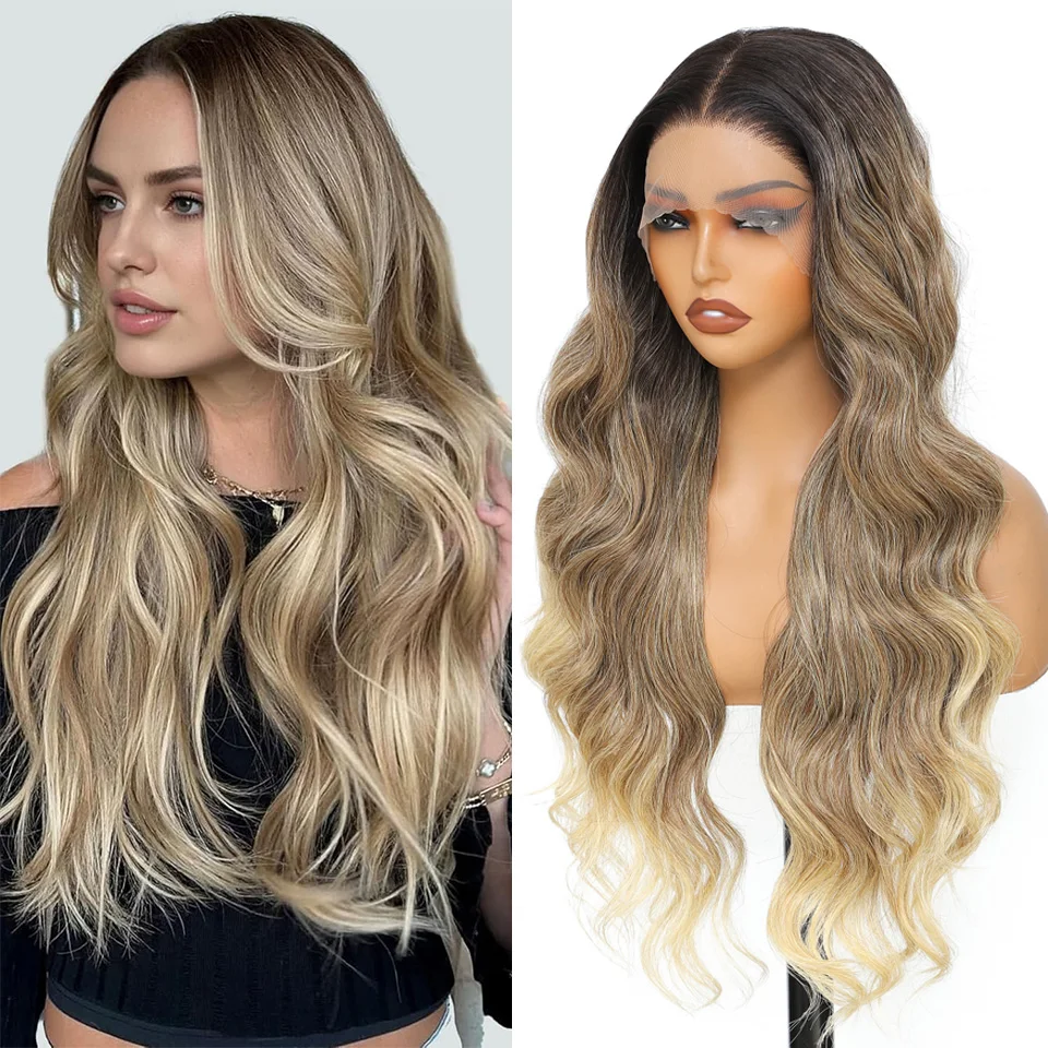

180% Density Blonde Synthetic Hair Wig Ombre Blonde Color 13x4 Loose Wave Transparent Lace Front Wig High Temperature Fiber Wigs