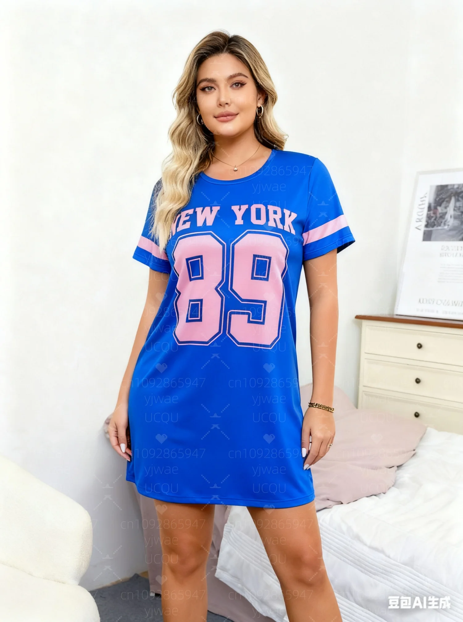 2025 Zomer Polyester Vrouwen T-Shirt Jurk Losse NEW YORK Print O-hals Dame Korte Mouw Trui Jurken Vrouwen Kleding