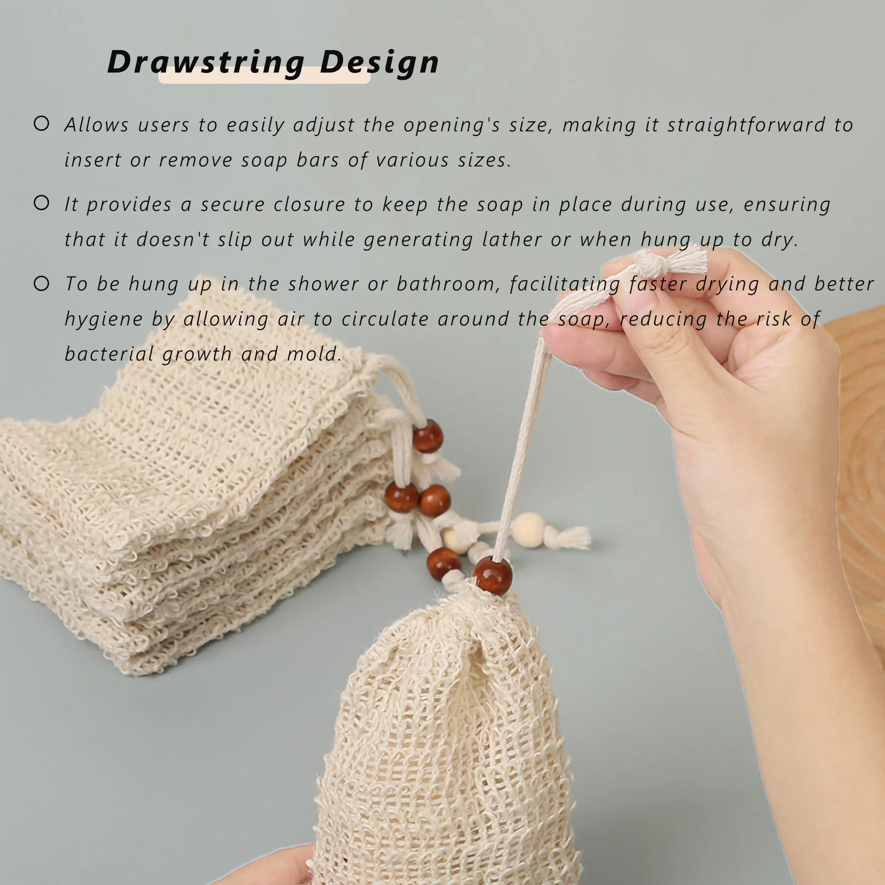 حقيبة حفظ الصابون من القطن والكتان الطبيعي، قطعتان من الرغوة الغنية برباط خشبي لتقشير الصابون للتنظيف اللطيف