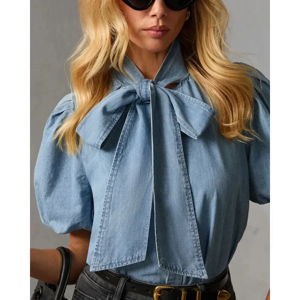 Women Retro Denim Shirt European Style Casual Loose Lantern Sleeve Tie Detail Jean Blouse Ladies Top Chic Daily Streetwear New view 5