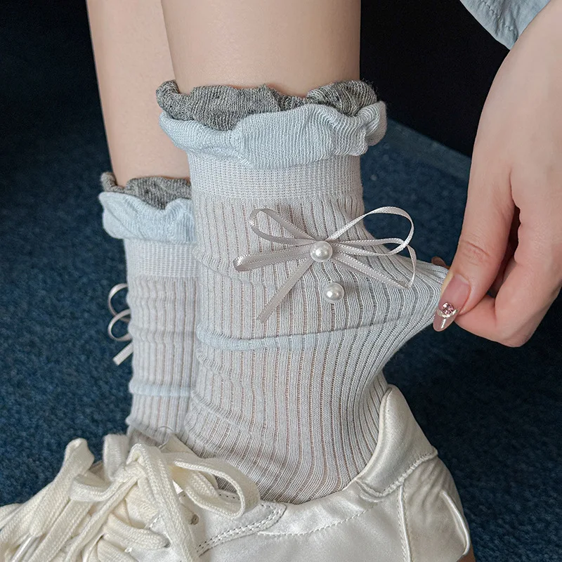 Lace pearl ruffled socks seamless princess sweet; bowknot Japanese ins style miu-style balletcore