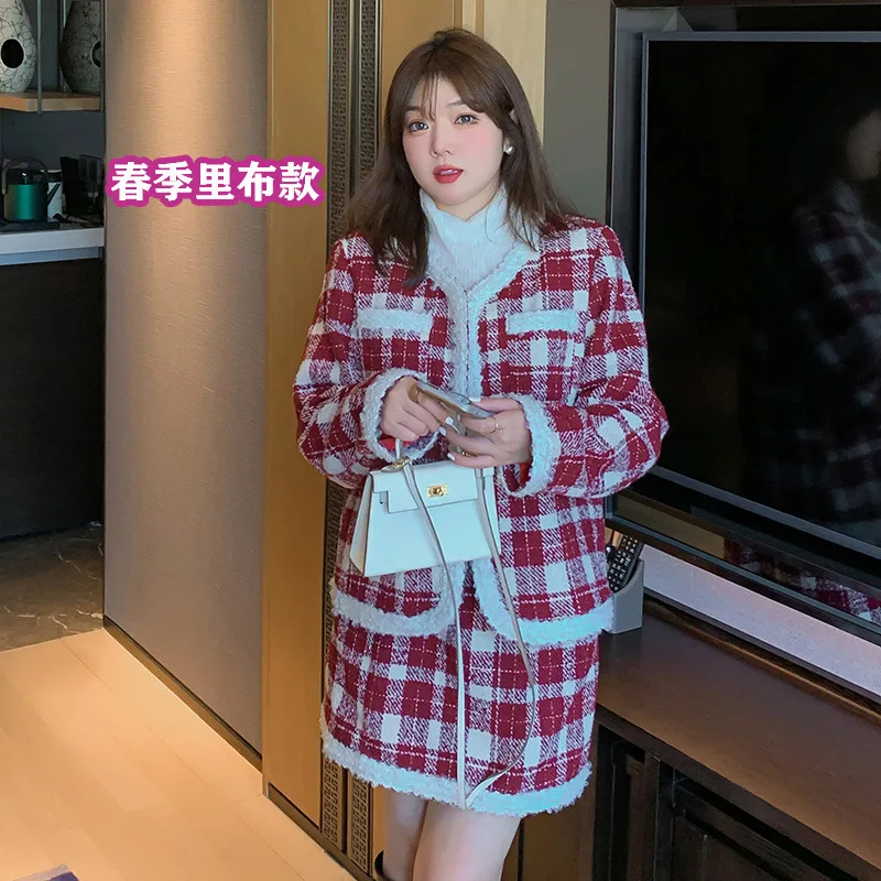 150Kg Plus Size Women's Bust 155 Spring Autumn Loose Small Fragrance Style Coat Short SkirtTwo-Piece Set Red 5XL 6XL 7XL 8XL 9XL
