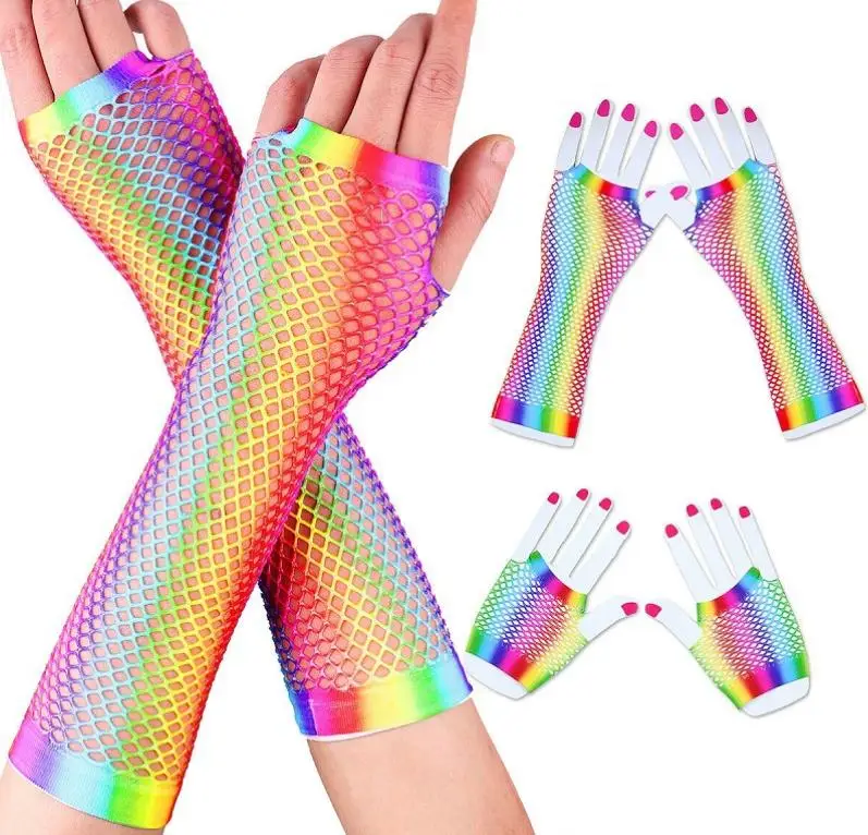 

100pair 80s Fishnet Gloves Neon Party Decor Halloween Fingerless Mesh Glove Stretchy Women Girl Theme Event Costume Accessories