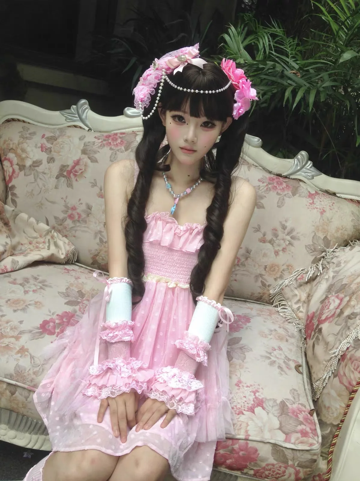 New Harajuku Handmade Ballet Pink Lace Sleeves Lolita Sweet JK Maid Long Cuff Gloves Multi-layer Frilly Y2K Girl Gloves