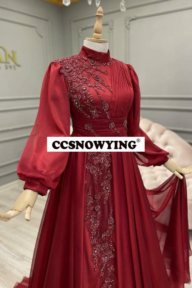 ซาตินชุดราตรีแขนยาวชาวมุสลิมชุดโมร็อกโก Caftan อาหรับดูไบคอ Prom Party ชุดลูกปัด Appliques Robe