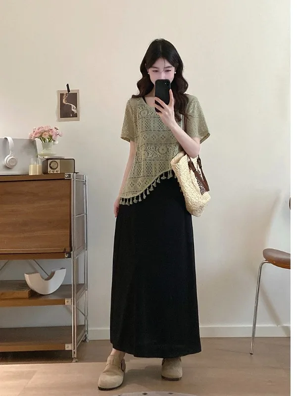 

Lace Trim Summer New Design Sensual Long Sleeve Lace Vest Dress Set Women's plus Size Comfortable Korean Style Commute Wind