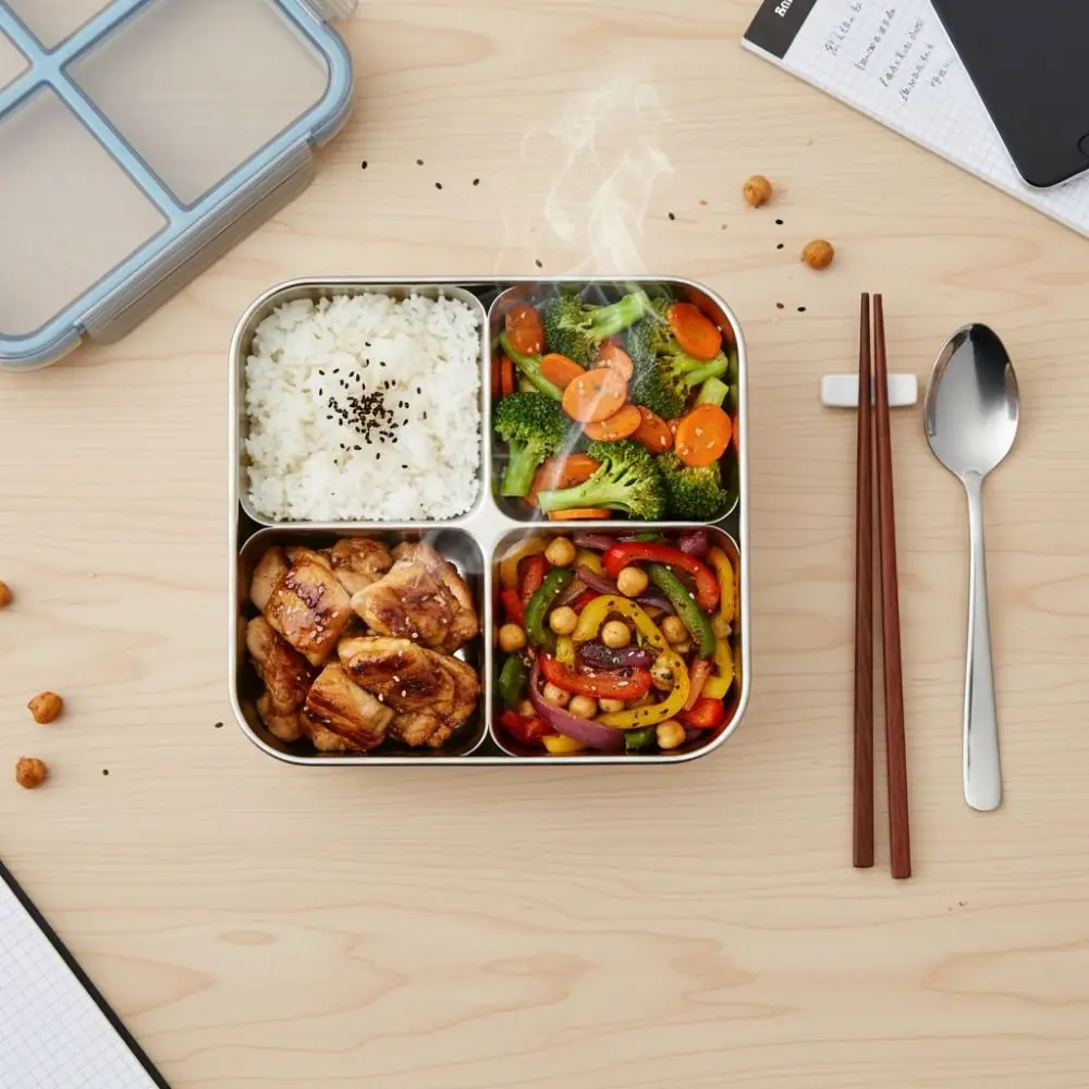 Easy To Clean Square 4 Grid Lunch Box Leak-Proof Sealed Snack Box Microwave-safe 304 Stainless Steel Student Meal Plate