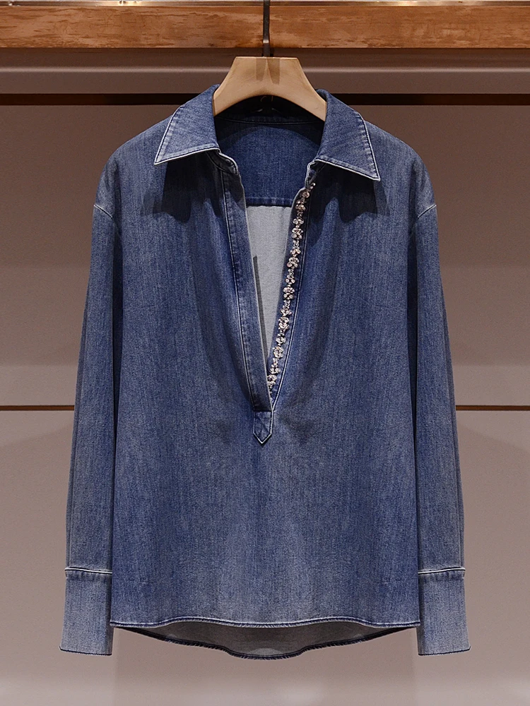 

Ele Blue Diamond Embellied Long Sve Collar Women's Denim irt High-End Feel Commute Sle Slim Fit Spring New