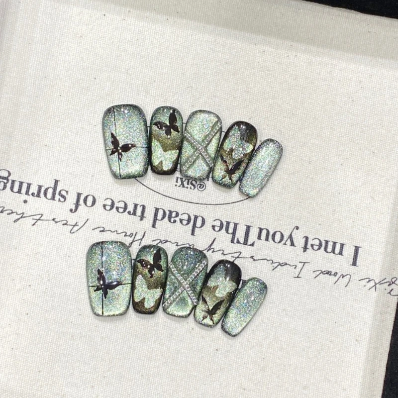 

10PCS Dark Green Cat Eye Medium Square Press on Nails Sweet Cool Black Butterfly False Nails with Chain French Handmade Ins Nail