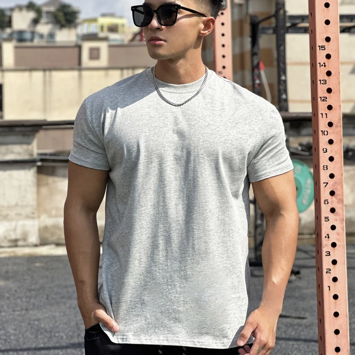 

Gym Light Grey Muscle Sports Loose Cotton Fitness Short Sleeve Men's Basketball Autumn Running Training Elastic Sports T-Shirt