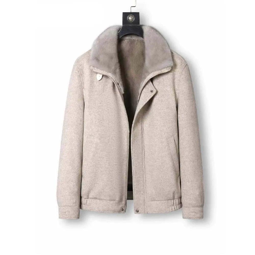 100% wool men's coat with silver blue mink lining  mink fur jacket with lapel men male mink coat