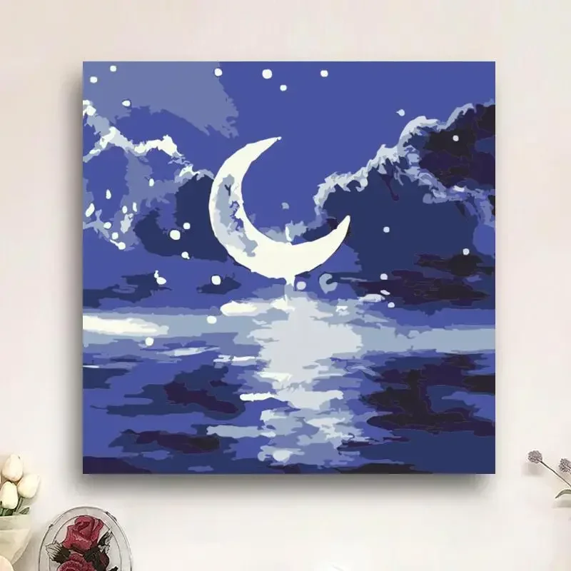 DIY Paint By Numbers Moon and Mountain Oil Painting for Adults and Kids Beautiful Dusk Landscape Art Decoration Home Decor