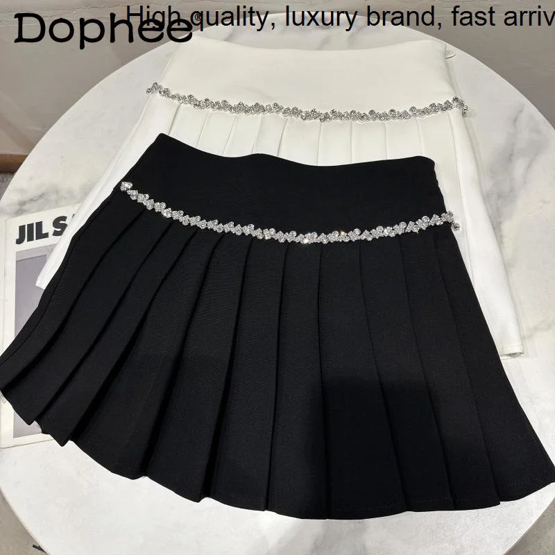 

Hot 2023 Spring Rhinestone Chain Suit s Women Temperament High Waist Sport Dancing A- Line Mini Student Pleated Skirt