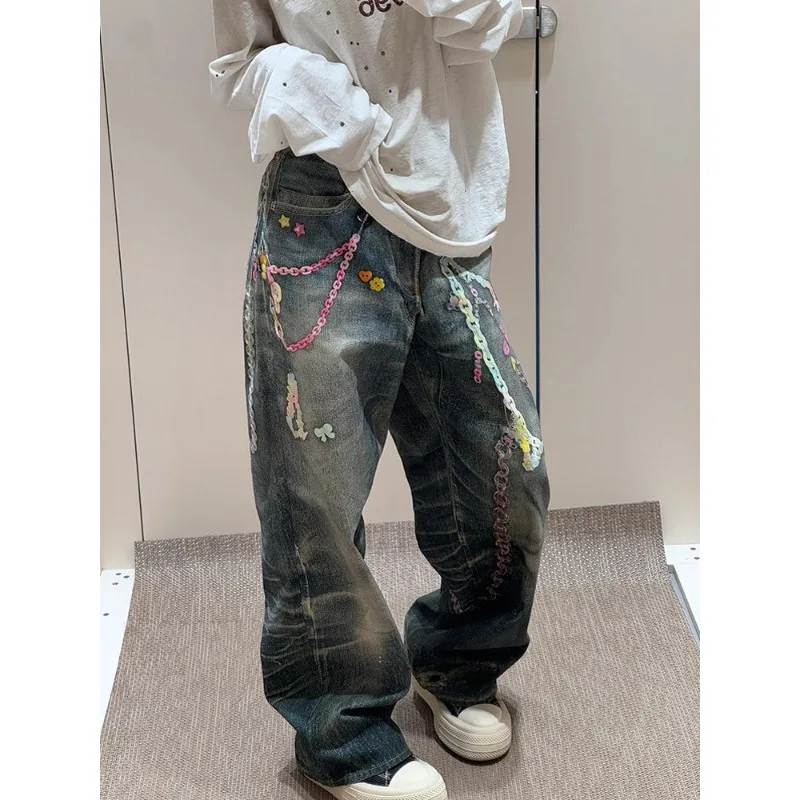 

Korean Trendy Harajuku Streetwear Y2K Candy Chain 3D Printed Baggy Jeans Women Hip-hop Retro Punk Straight Wide-leg Pants 2025