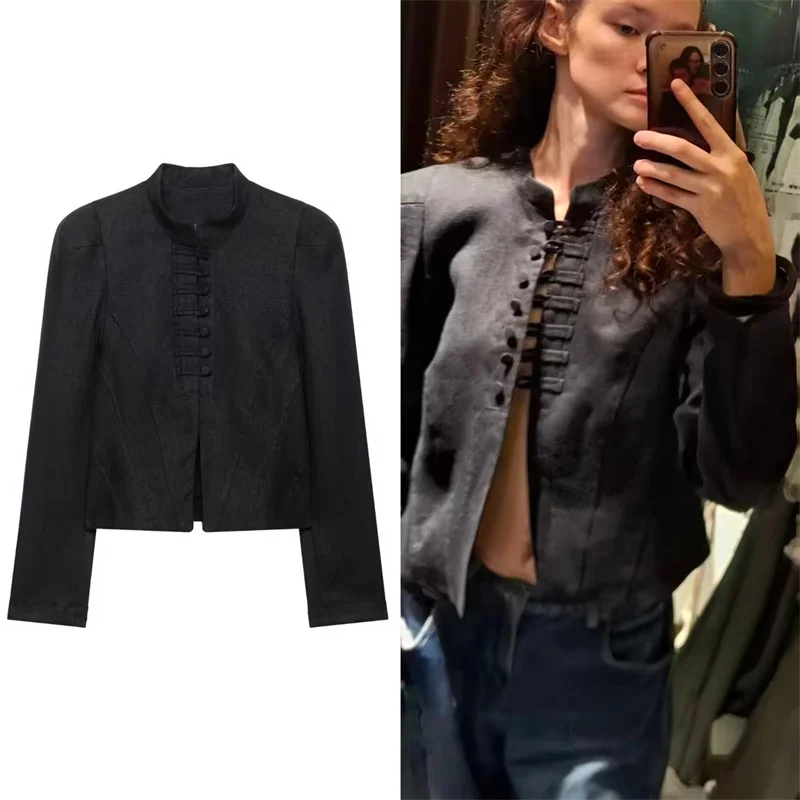 Guobioziy 2026 Autumn New Women's Jacket Black Textured Long Sleeve Button-Decorated Simple Chic Jacket Trendy Style