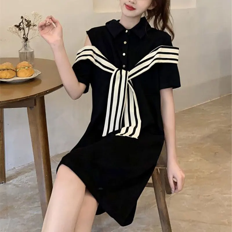 Summer Fashion Off Shoulder Dresses Female Clothing Korean Striped Patchwork Basic A-Line Commute Polo-Neck Button Midi Dress