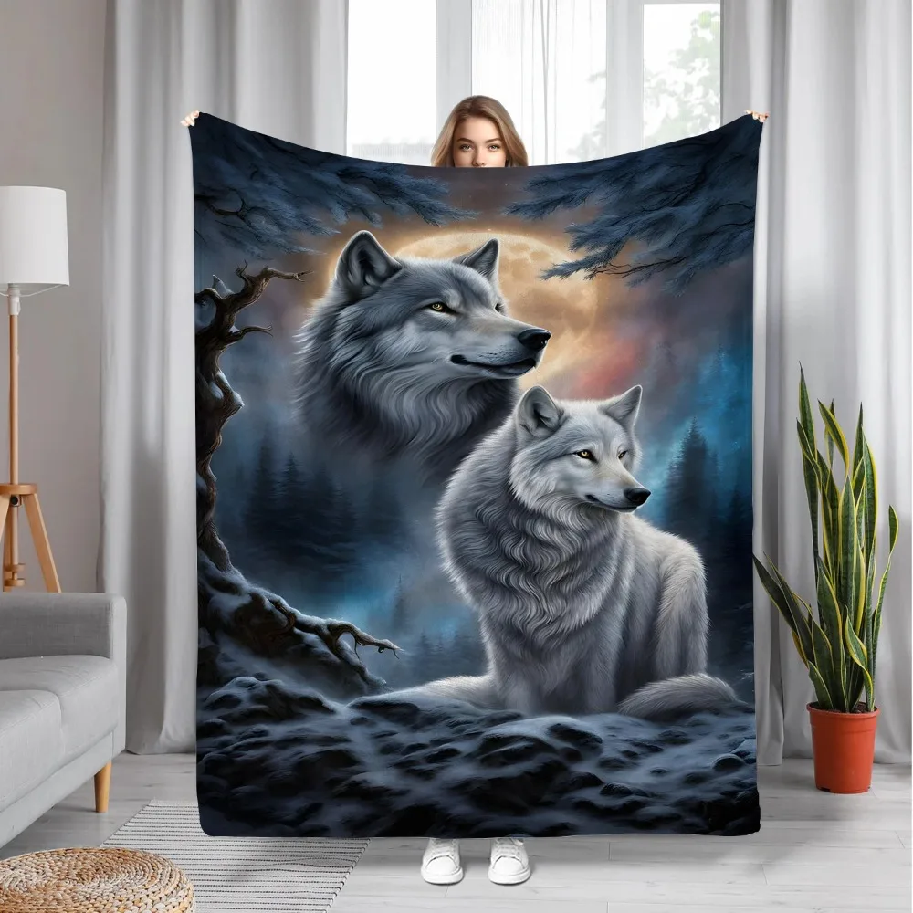 

Cozy Wolf Duo Under Moonlight Print Fleece Blanket, Bed, RV, Office, Camping & Travel Gift, Wolf Decor