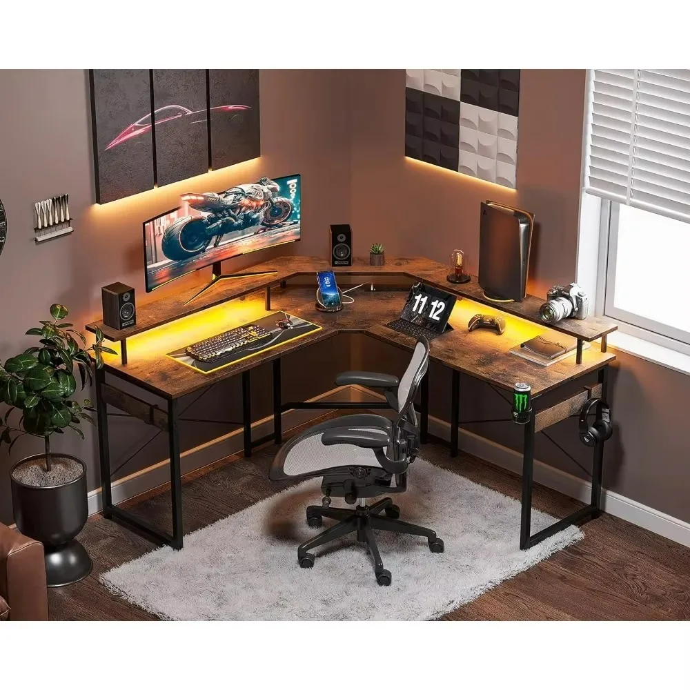 Computer Desk with LED Lights & Power Outlets, 51 Inch Gaming Desk with Full Monitor Stand, Corner Desk with Cup Holder & Hooks