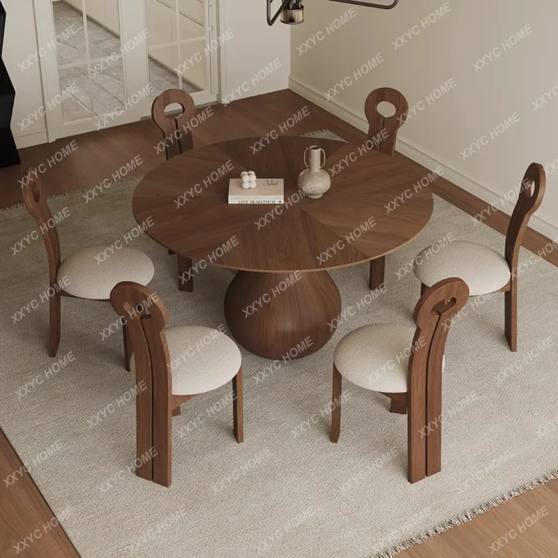 

JRetro style solid wood round table household small apartment slate black walnut round dining table and chairs combination