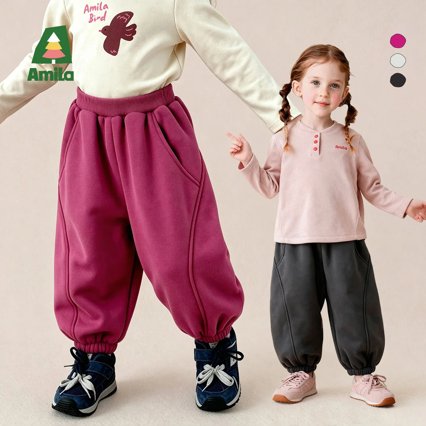 Amila 2026 Winter New Kids Jogger Pants Fleece Lined 3D Split Carrot Cuff Extra Warm Soft Comfortable Versatile Daily Long Pants