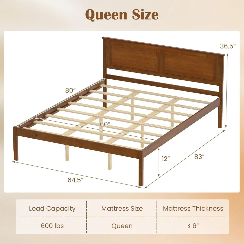 Wood Queen Size Bed Frame with Headboard, Mid-Century Modern Platform Bed W/Wooden Slat Support, Solid Mattress, Customized image 2