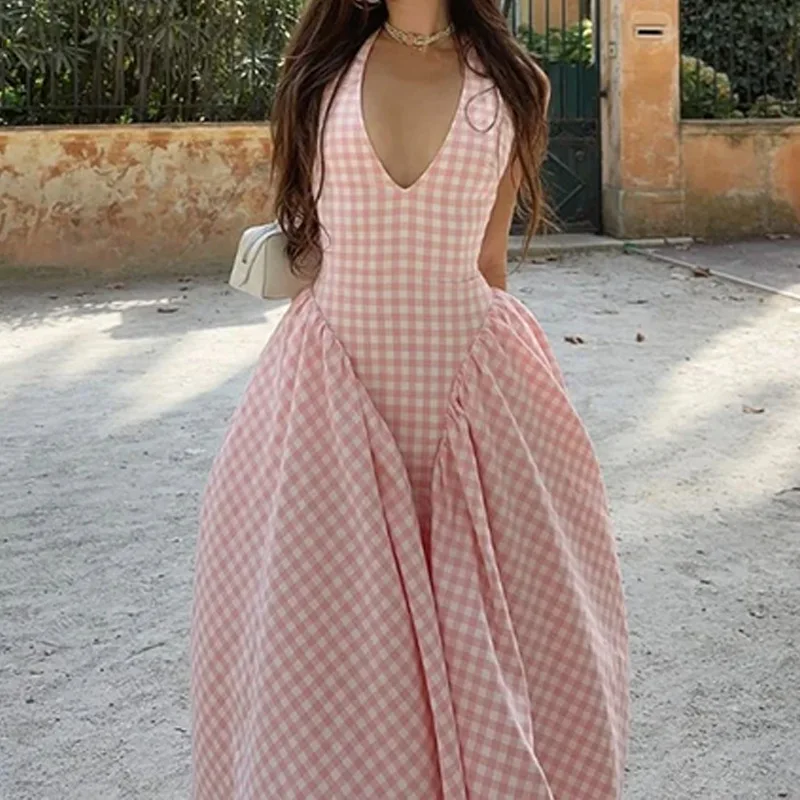 

Pink Plaid Patchwork Lace-up Long Dress Sexy Backless Zipper Vest V-neck Bow Tie Sleeveless Halter Dresses Vacation Long Robe
