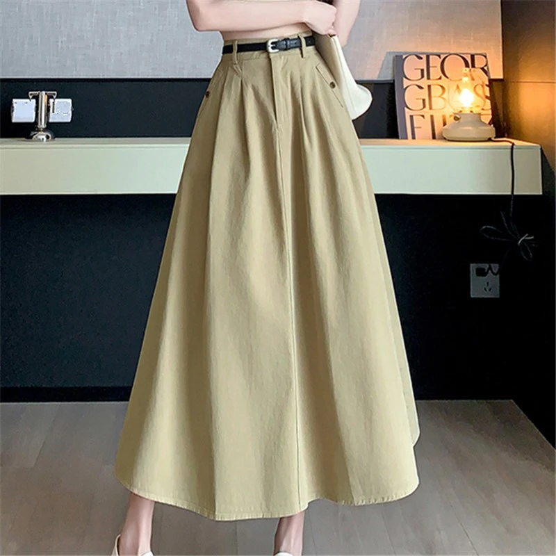 Seoulish Denim Skirts for Women 2024 Spring Summer New High Waist A-line Large Hem Office Lady Umbrella Skirt Pleated Long Skirt